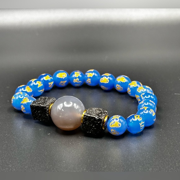 LIGH BLUE AGATE OM + CHALCEDONY NATURAL STONES BRACELET size7 - Picture 5 of 11